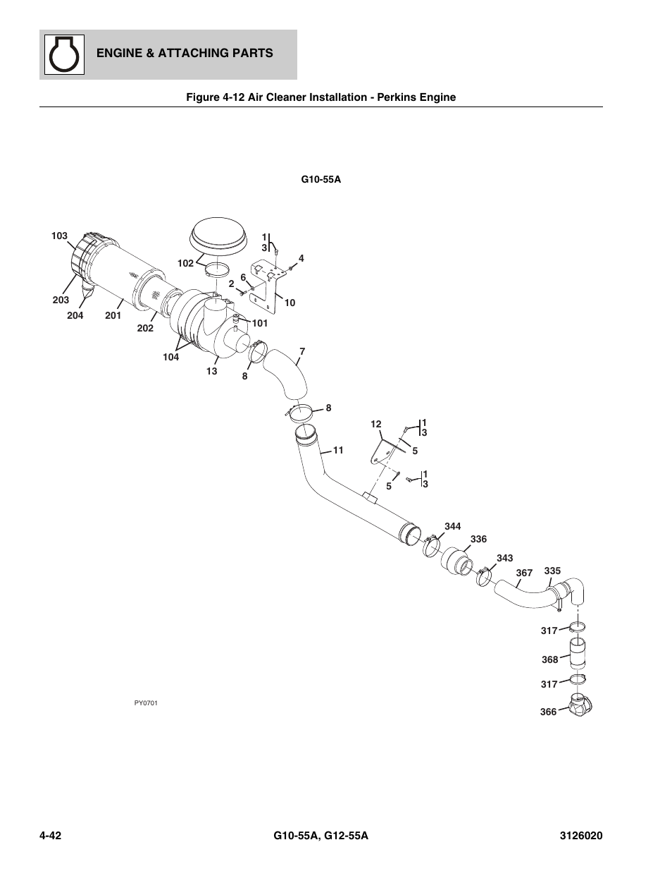 Air cleaner installation - perkins engine -42 | JLG G12-55A Parts Manual User Manual | Page 190 / 728