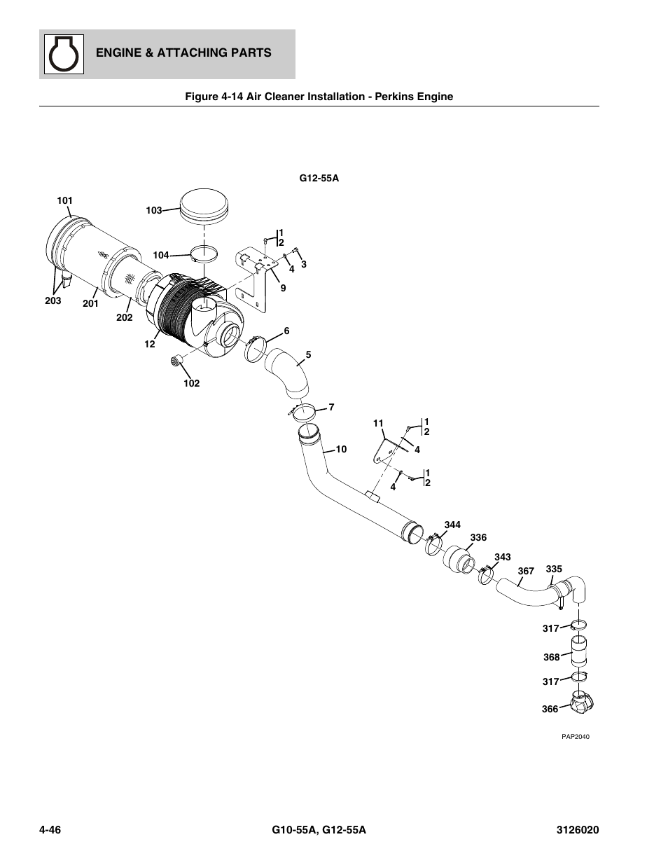 Air cleaner installation - perkins engine -46 | JLG G12-55A Parts Manual User Manual | Page 194 / 728