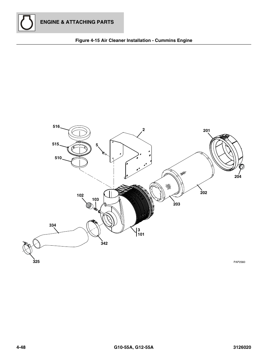 Air cleaner installation - cummins engine -48, Ke hose, (see figure 4-15 for details) | JLG G12-55A Parts Manual User Manual | Page 196 / 728