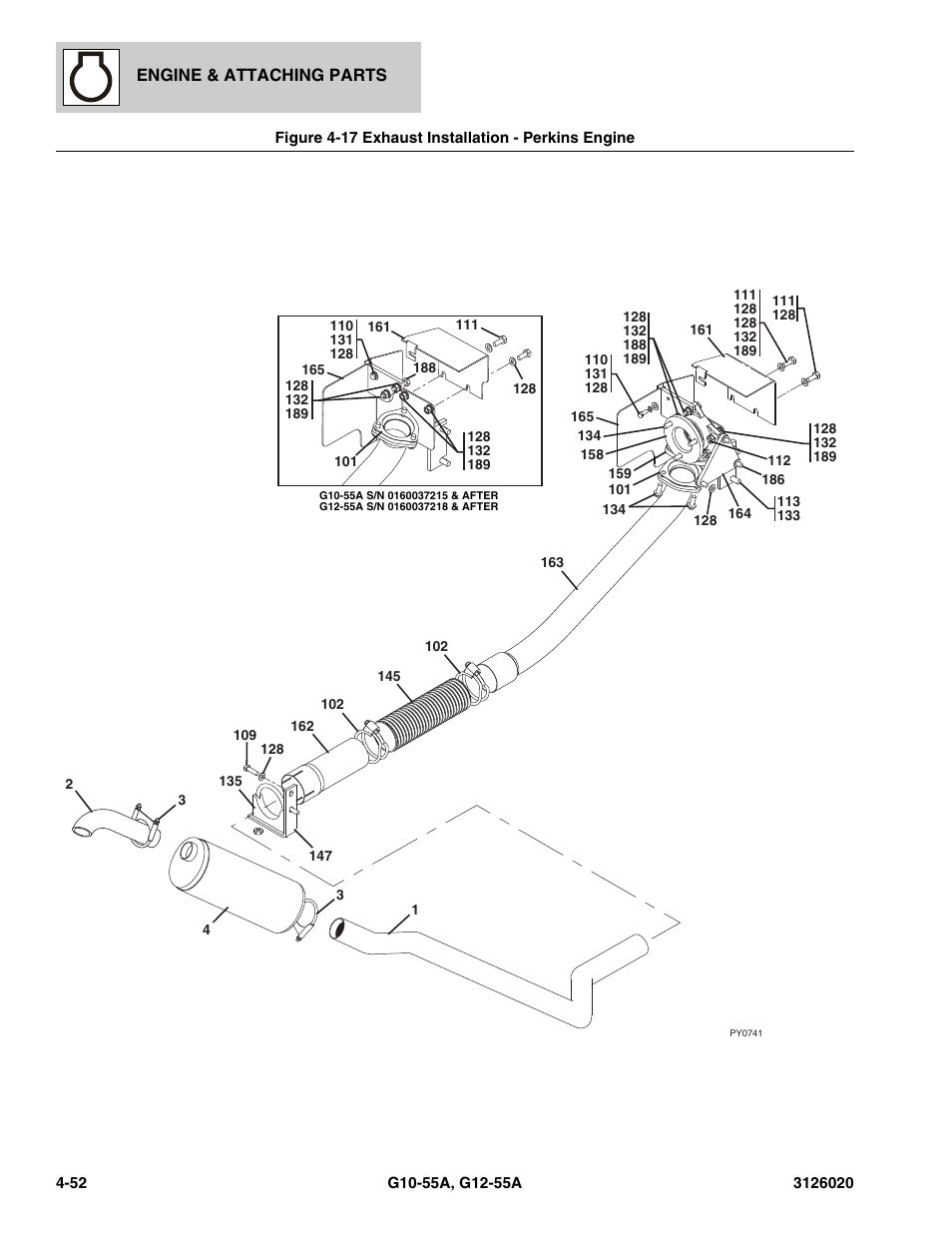 Figure 4-17 exhaust installation - perkins engine, Exhaust installation - perkins engine -52 | JLG G12-55A Parts Manual User Manual | Page 200 / 728