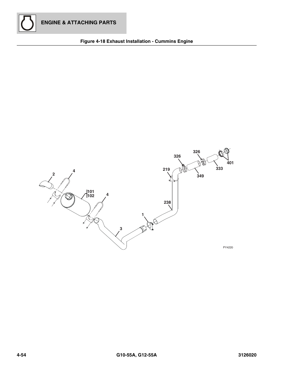 Figure 4-18 exhaust installation - cummins engine, Exhaust installation - cummins engine -54, St, (see figure 4-18 for details) | JLG G12-55A Parts Manual User Manual | Page 202 / 728