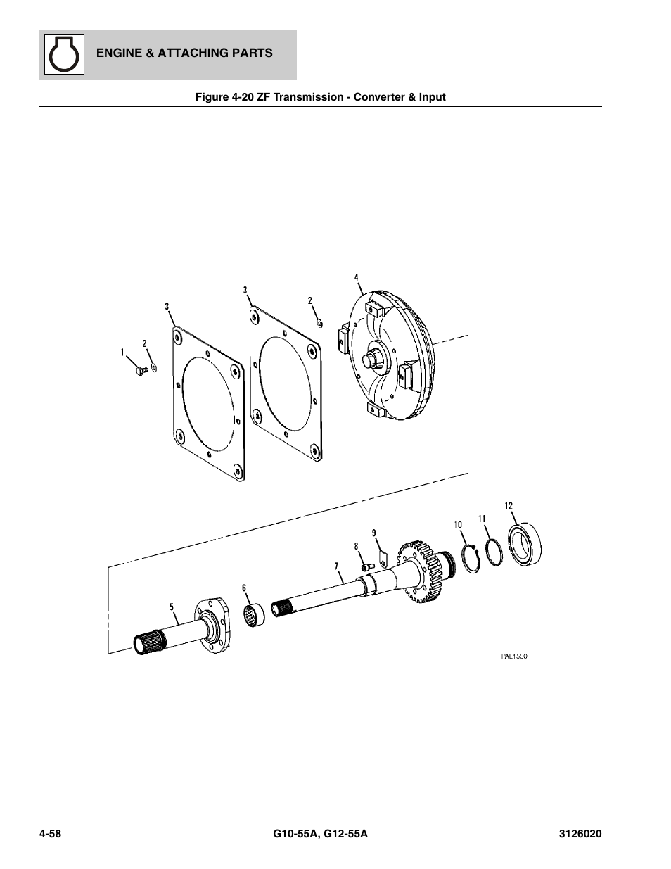 Figure 4-20 zf transmission - converter & input, Zf transmission - converter & input -58, Input, (see figure 4-20 for details) | JLG G12-55A Parts Manual User Manual | Page 206 / 728