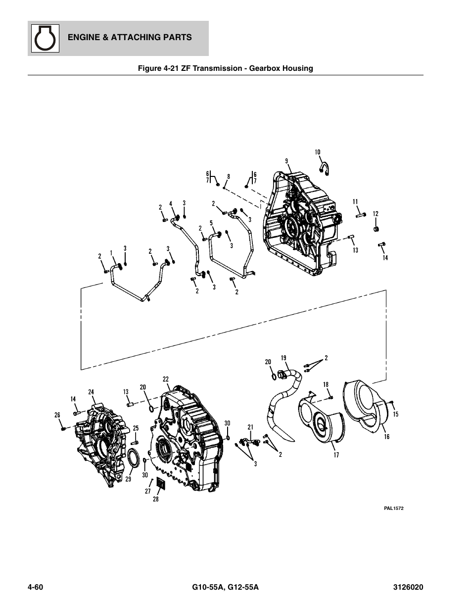 Figure 4-21 zf transmission - gearbox housing, Zf transmission - gearbox housing -60, Using, (see figure 4-21 for details) | JLG G12-55A Parts Manual User Manual | Page 208 / 728