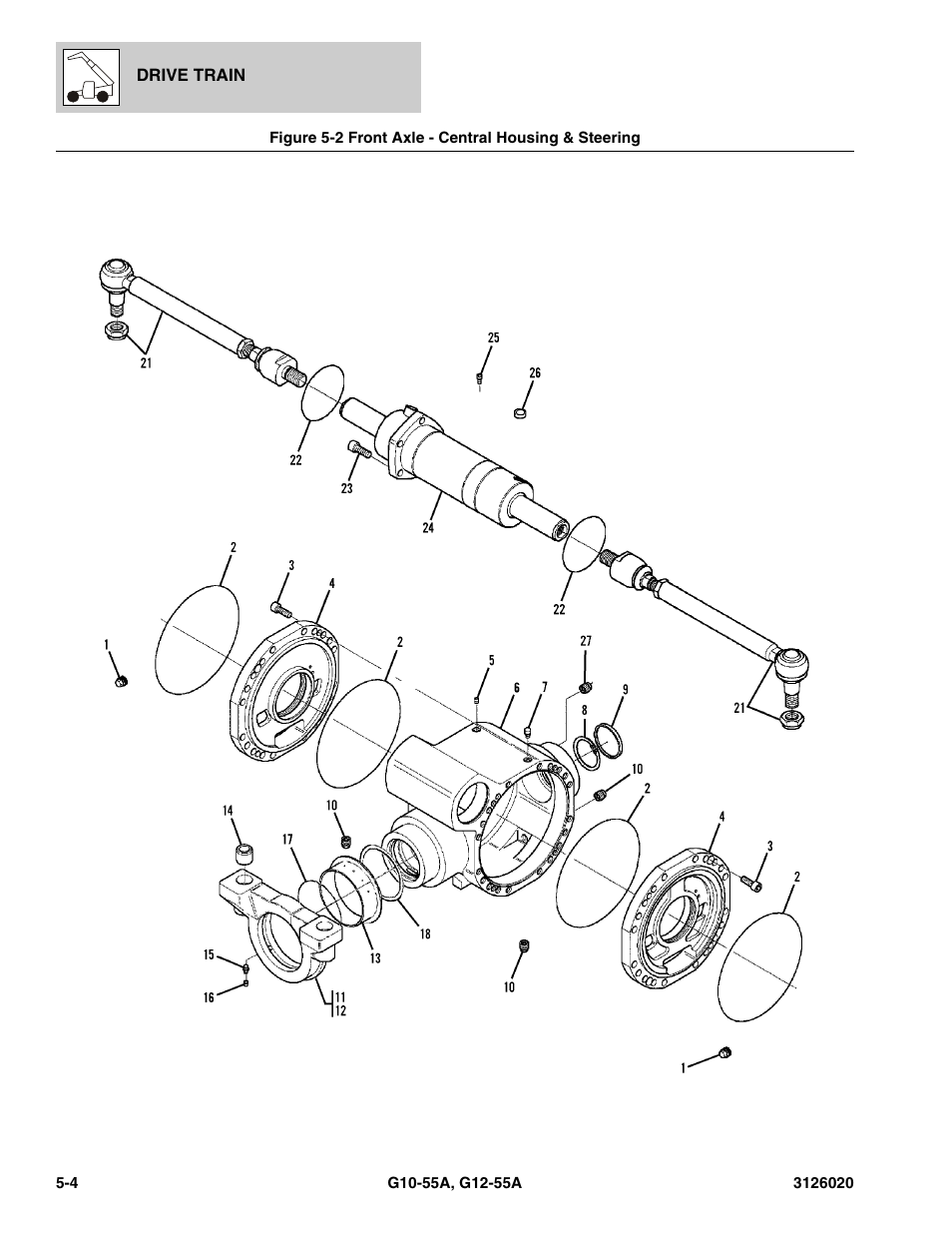 Figure 5-2 front axle - central housing & steering, Front axle - central housing & steering -4, Housing & steering, (see figure 5-2 for details) | JLG G12-55A Parts Manual User Manual | Page 236 / 728