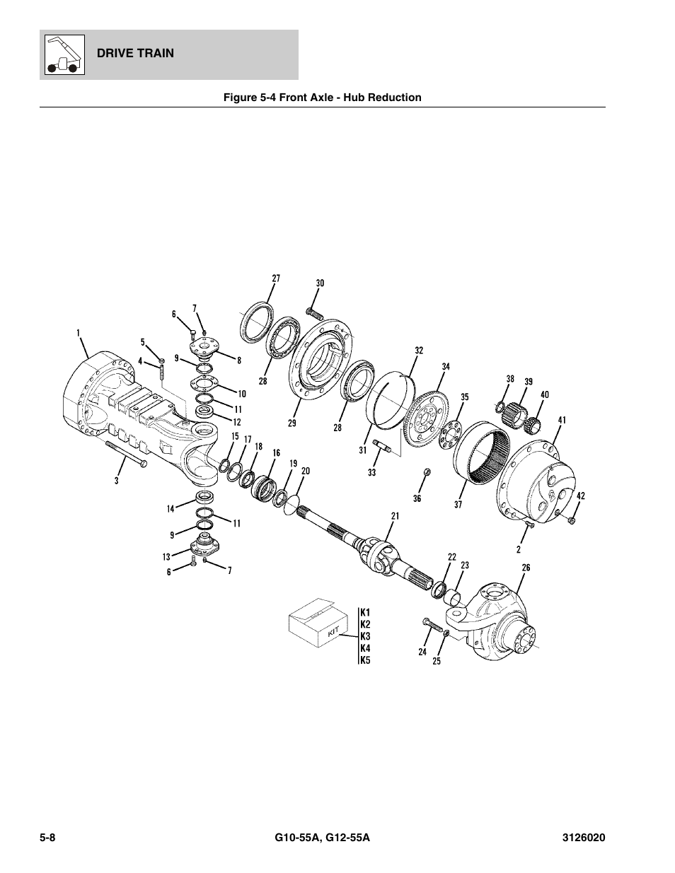 Figure 5-4 front axle - hub reduction, Front axle - hub reduction -8, E - hub reduction, (see figure 5-4 for details) | JLG G12-55A Parts Manual User Manual | Page 240 / 728