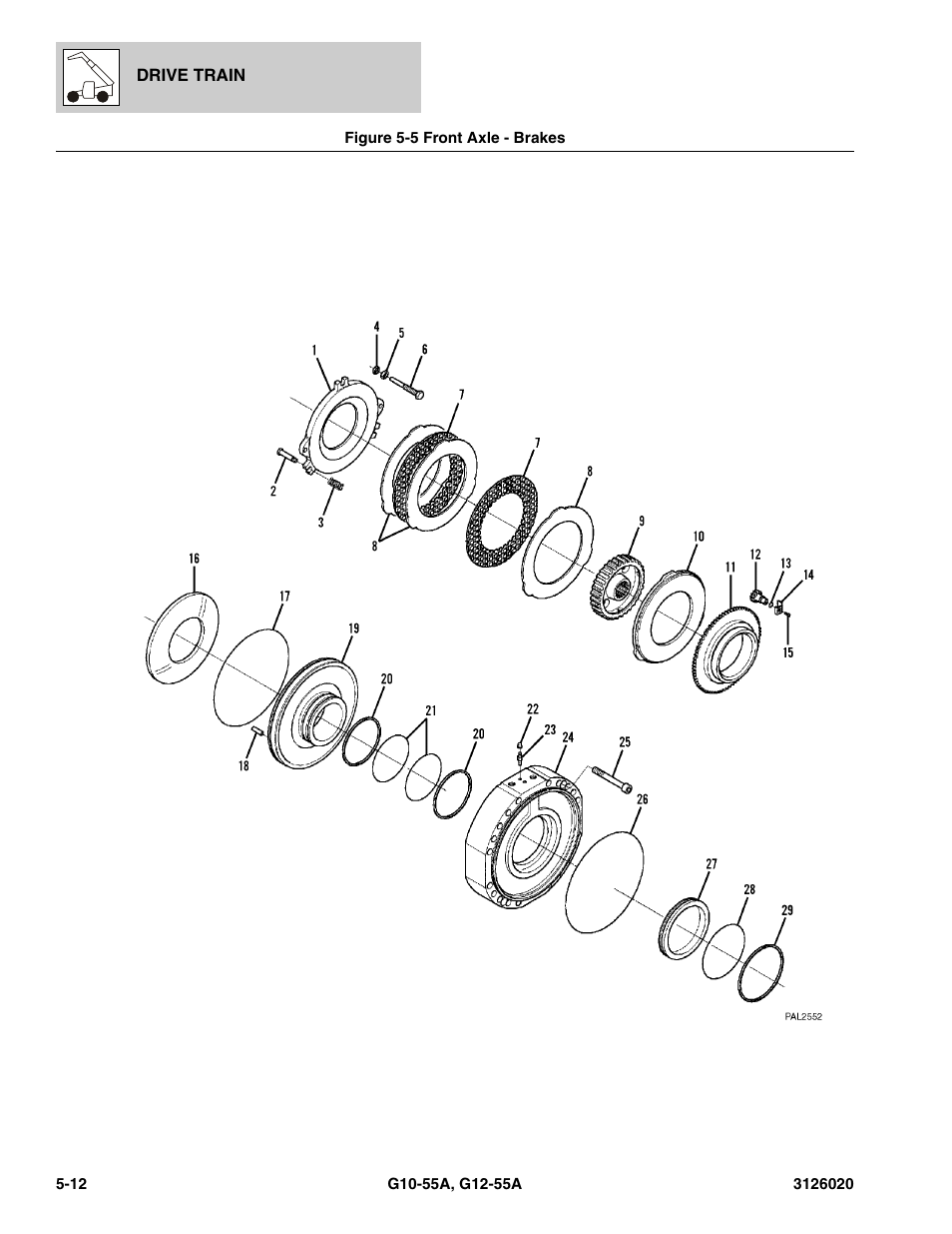 Figure 5-5 front axle - brakes, Front axle - brakes -12, E - brakes, (see figure 5-5 for details) | JLG G12-55A Parts Manual User Manual | Page 244 / 728