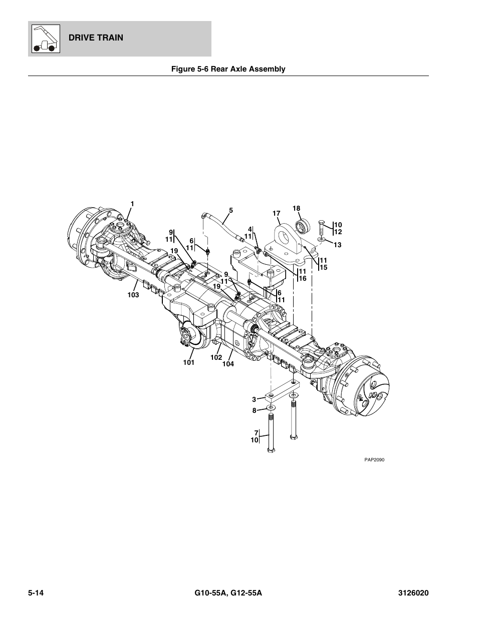 Figure 5-6 rear axle assembly, Rear axle assembly -14, Axle assy, (see figure 5-6 for details) | JLG G12-55A Parts Manual User Manual | Page 246 / 728