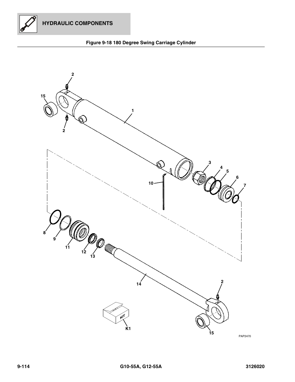 Figure 9-18 180 degree swing carriage cylinder, 180 degree swing carriage cylinder -114 | JLG G12-55A Parts Manual User Manual | Page 542 / 728