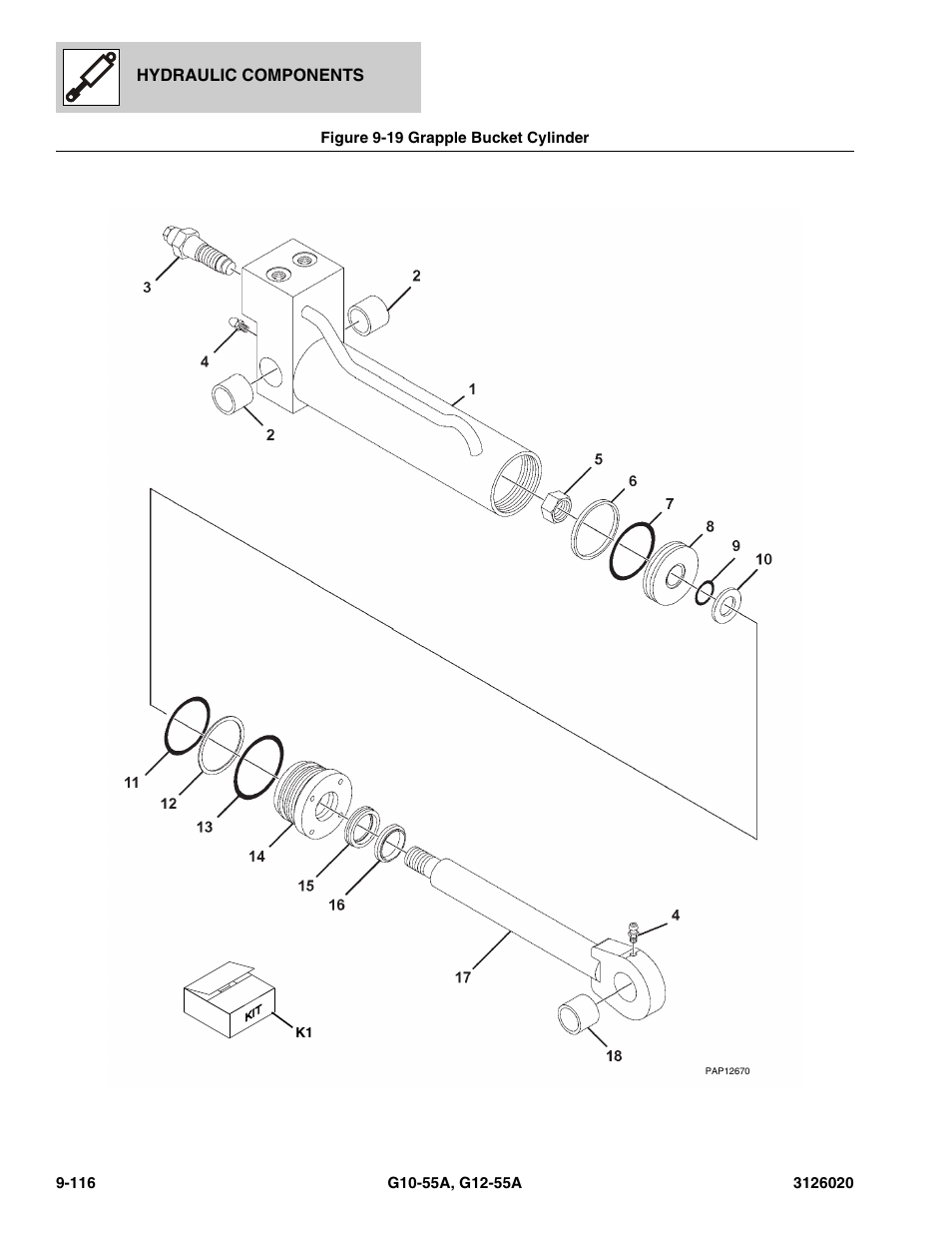 Figure 9-19 grapple bucket cylinder, Grapple bucket cylinder -116 | JLG G12-55A Parts Manual User Manual | Page 544 / 728
