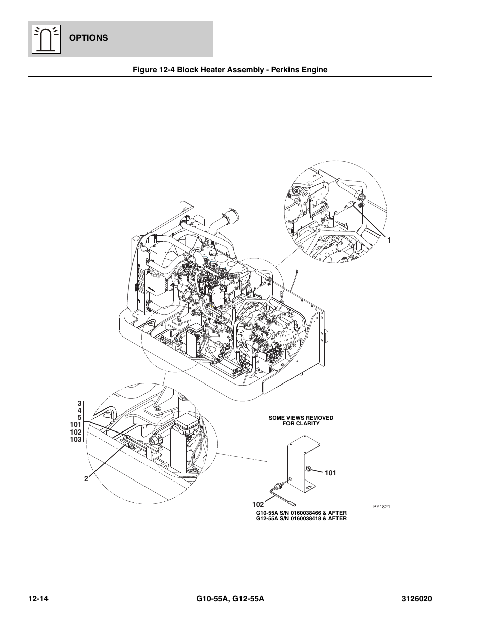 Figure 12-4 block heater assembly - perkins engine, Block heater assembly - perkins engine -14, Options | JLG G12-55A Parts Manual User Manual | Page 654 / 728