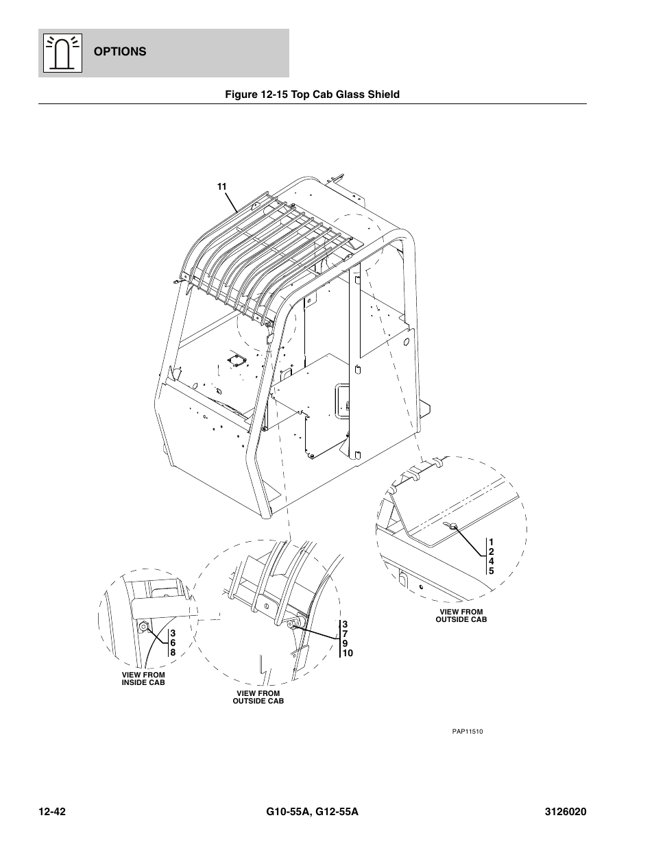 Figure 12-15 top cab glass shield, Top cab glass shield -42, Options | JLG G12-55A Parts Manual User Manual | Page 682 / 728