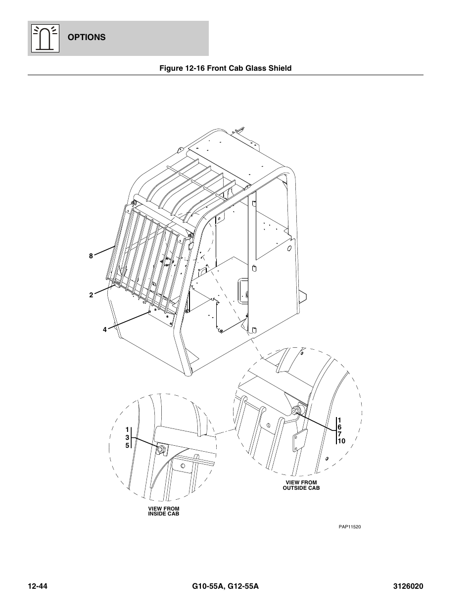 Figure 12-16 front cab glass shield, Front cab glass shield -44, Options | JLG G12-55A Parts Manual User Manual | Page 684 / 728