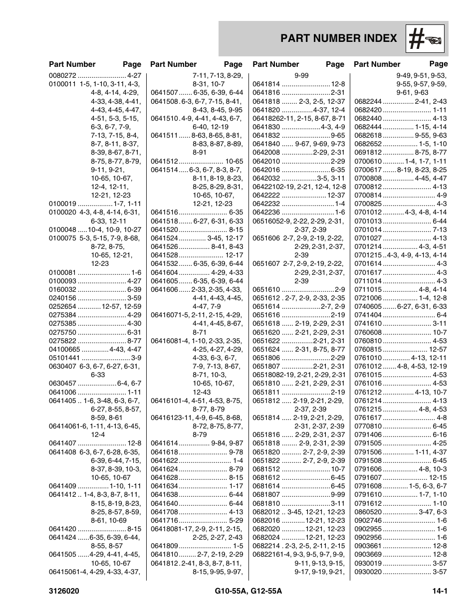Part number index, Section 14 – part number index -1 | JLG G12-55A Parts Manual User Manual | Page 707 / 728