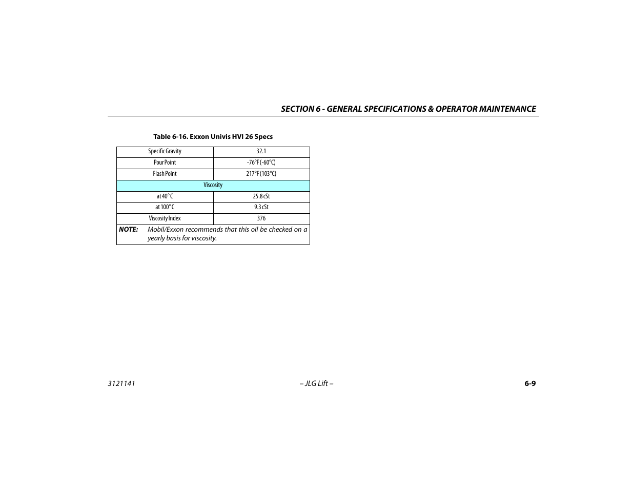 Exxon univis hvi 26 specs -9 | JLG 1200SJP Operator Manual User Manual | Page 101 / 128