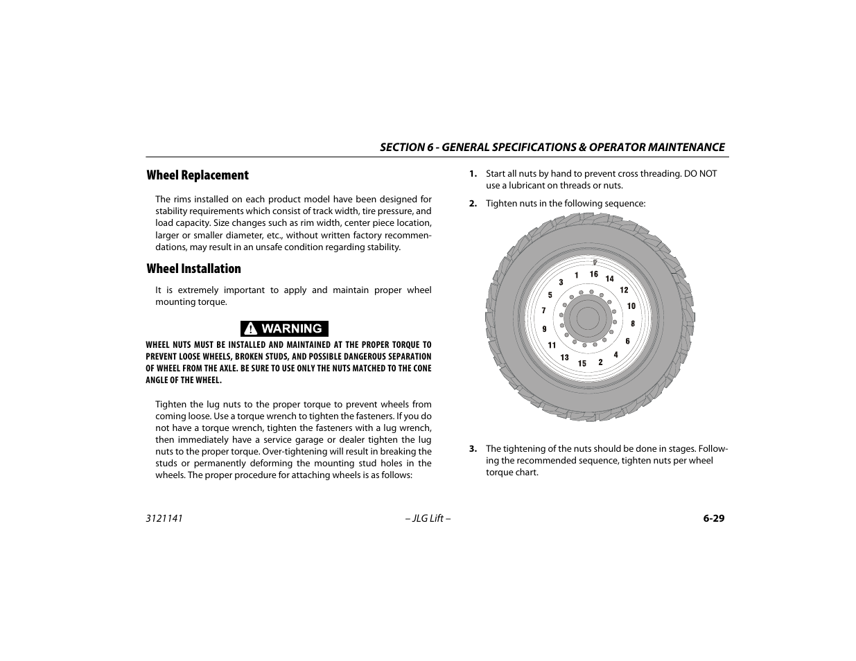 Wheel replacement, Wheel installation, Wheel replacement -29 wheel installation -29 | JLG 1200SJP Operator Manual User Manual | Page 121 / 128