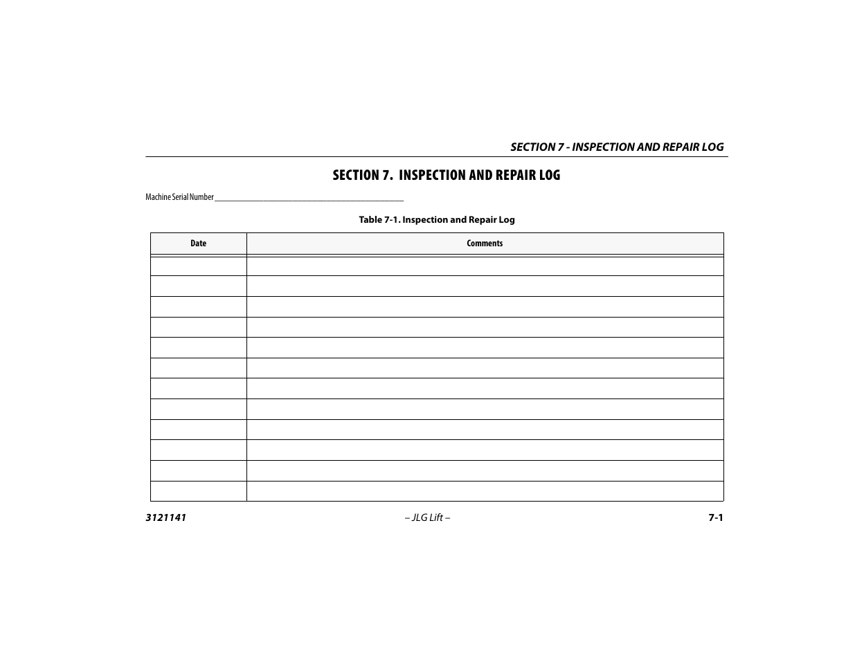 Section 7. inspection and repair log, Section - 7 - inspection and repair log, Inspection and repair log -1 | JLG 1200SJP Operator Manual User Manual | Page 123 / 128