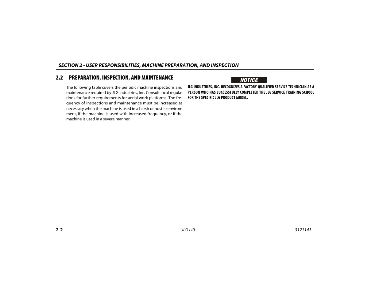 2 preparation, inspection, and maintenance, Preparation, inspection, and maintenance -2 | JLG 1200SJP Operator Manual User Manual | Page 30 / 128