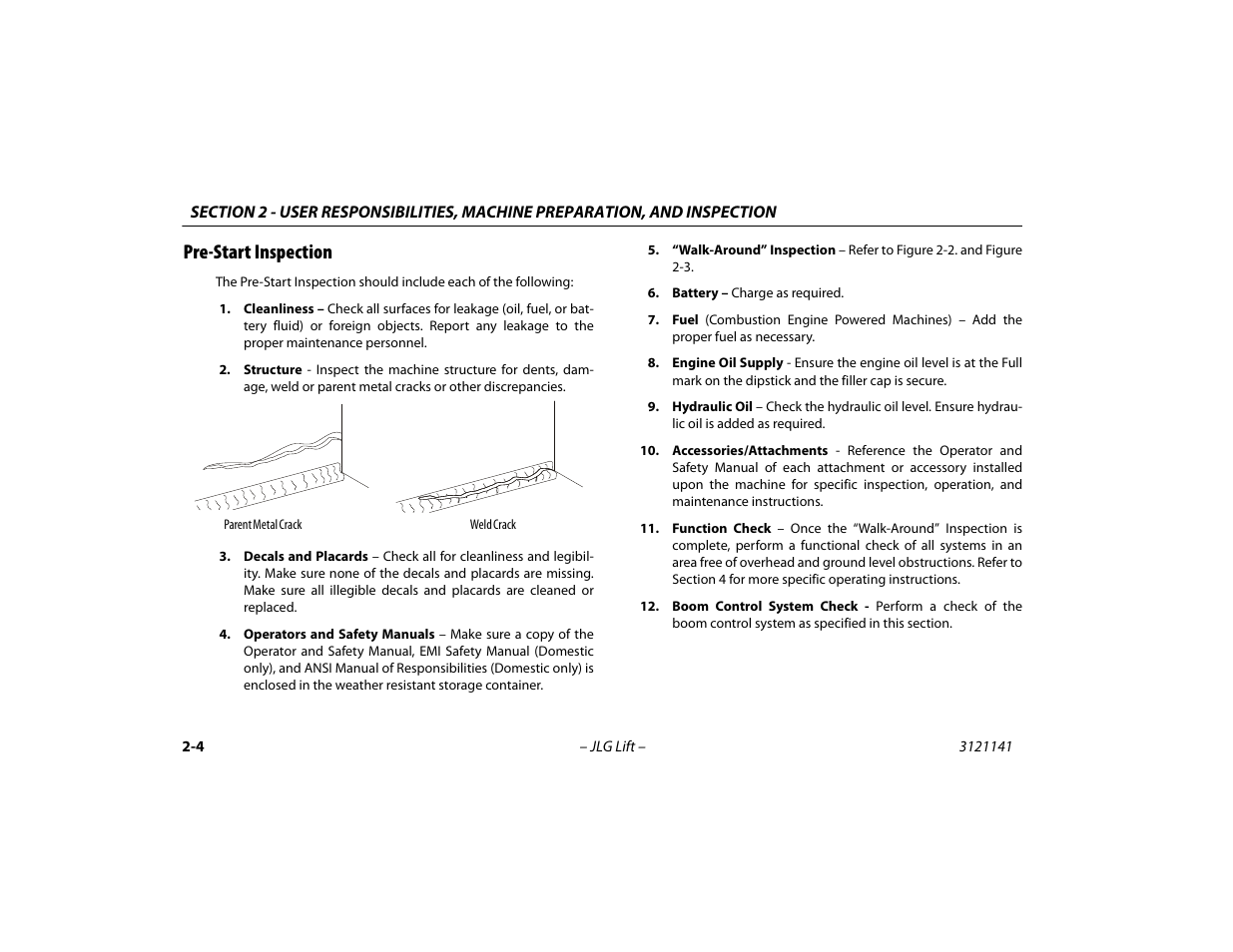 Pre-start inspection, Pre-start inspection -4 | JLG 1200SJP Operator Manual User Manual | Page 32 / 128