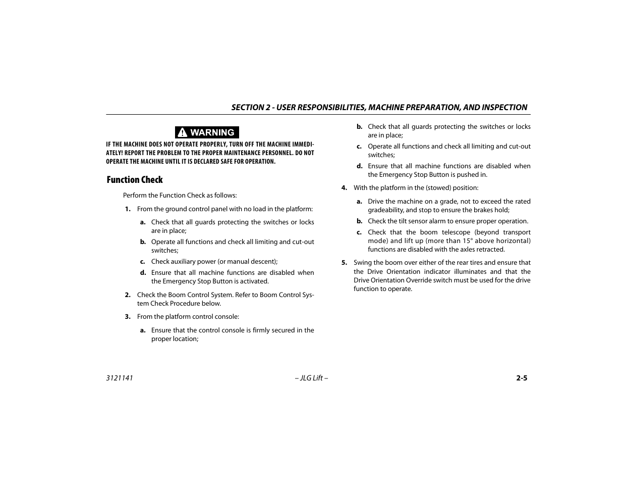 Function check, Function check -5 | JLG 1200SJP Operator Manual User Manual | Page 33 / 128