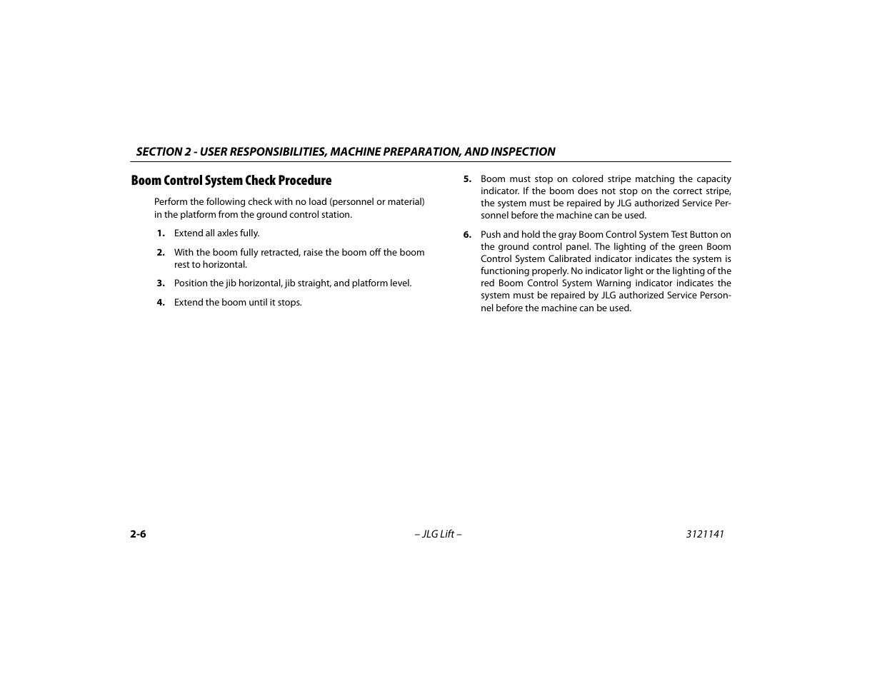 Boom control system check procedure, Boom control system check procedure -6 | JLG 1200SJP Operator Manual User Manual | Page 34 / 128