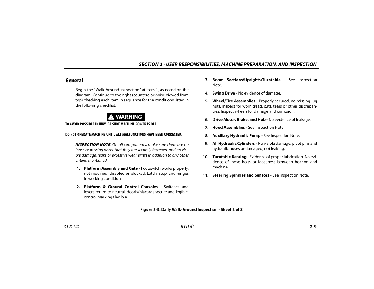 General -9, Daily walk-around inspection - sheet 2 of 3 -9, General | JLG 1200SJP Operator Manual User Manual | Page 37 / 128