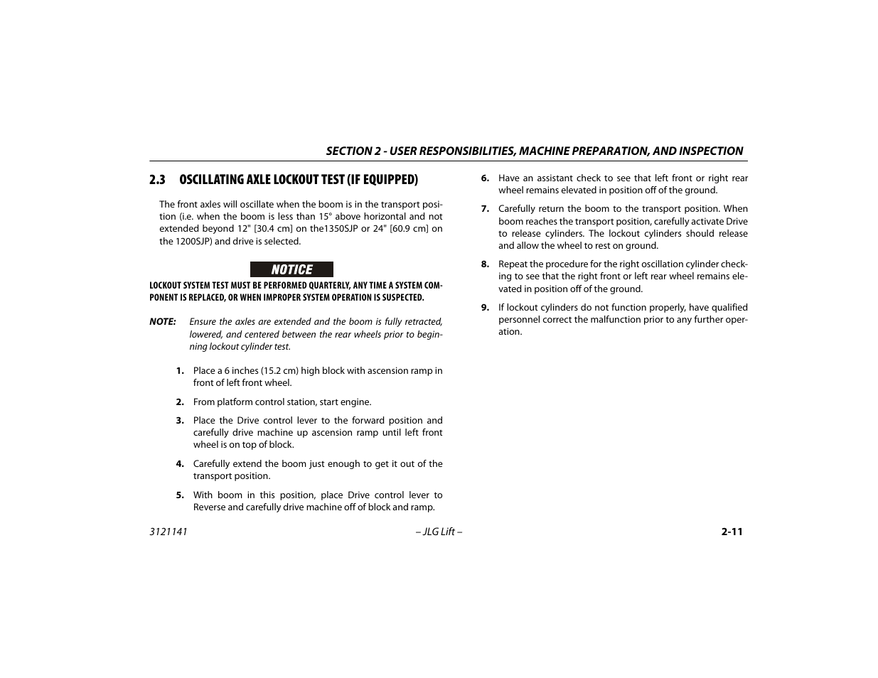 3 oscillating axle lockout test (if equipped), Oscillating axle lockout test (if equipped) -11 | JLG 1200SJP Operator Manual User Manual | Page 39 / 128
