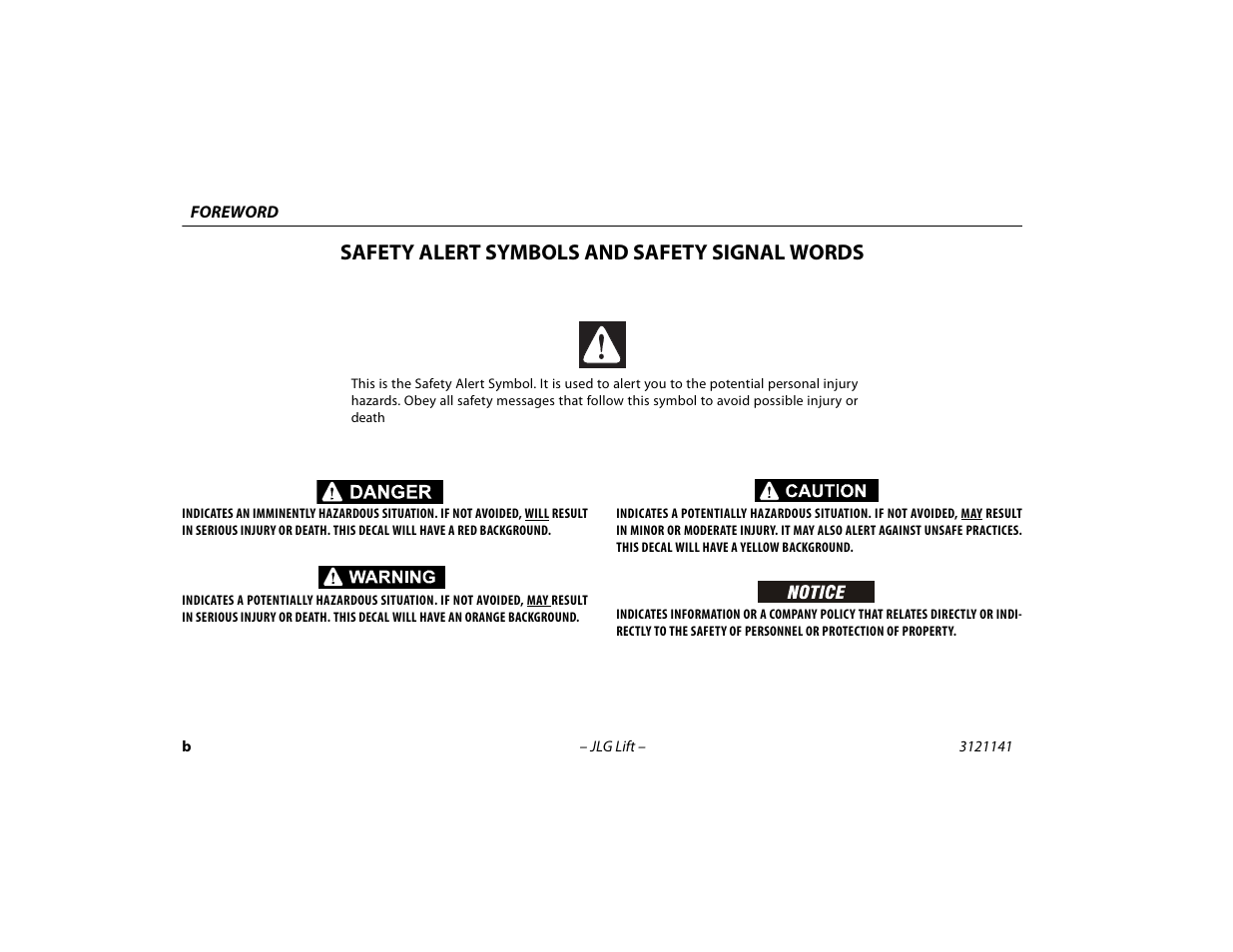 Safety alert symbols and safety signal words | JLG 1200SJP Operator Manual User Manual | Page 4 / 128