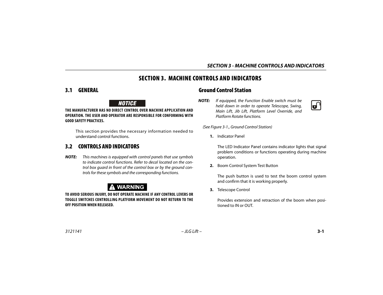 Section 3. machine controls and indicators, 1 general, 2 controls and indicators | Ground control station, Section - 3 - machine controls and indicators, General -1, Controls and indicators -1, Ground control station -1 | JLG 1200SJP Operator Manual User Manual | Page 41 / 128