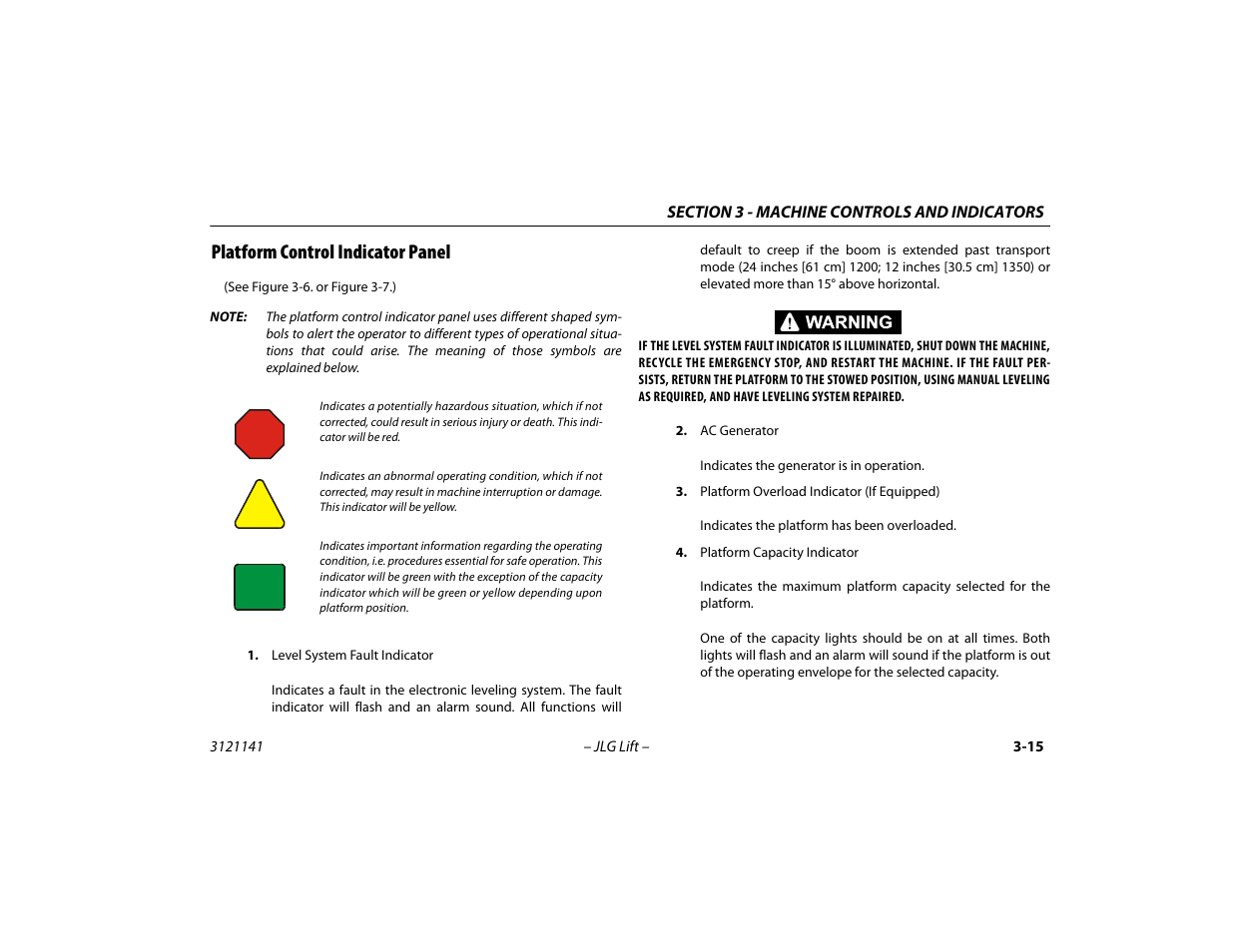 Platform control indicator panel, Platform control indicator panel -15 | JLG 1200SJP Operator Manual User Manual | Page 55 / 128