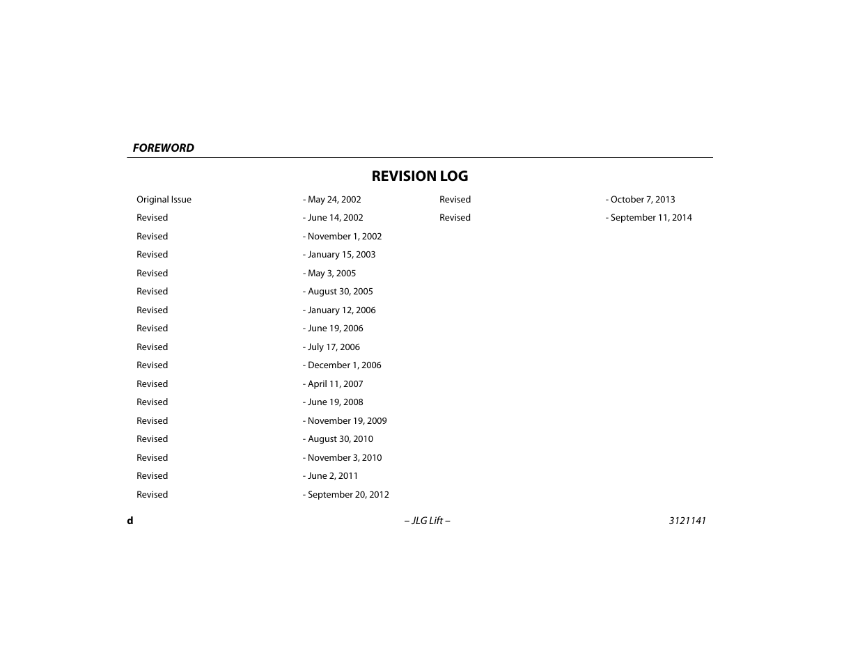 Revision log | JLG 1200SJP Operator Manual User Manual | Page 6 / 128
