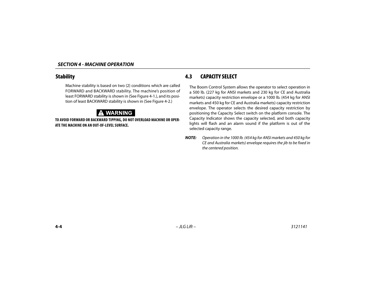 Stability, 3 capacity select, Stability -4 | Capacity select -4 | JLG 1200SJP Operator Manual User Manual | Page 64 / 128