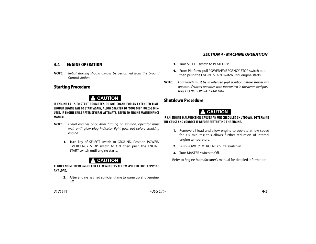 4 engine operation, Starting procedure, Shutdown procedure | Engine operation -5, Starting procedure -5 shutdown procedure -5 | JLG 1200SJP Operator Manual User Manual | Page 65 / 128