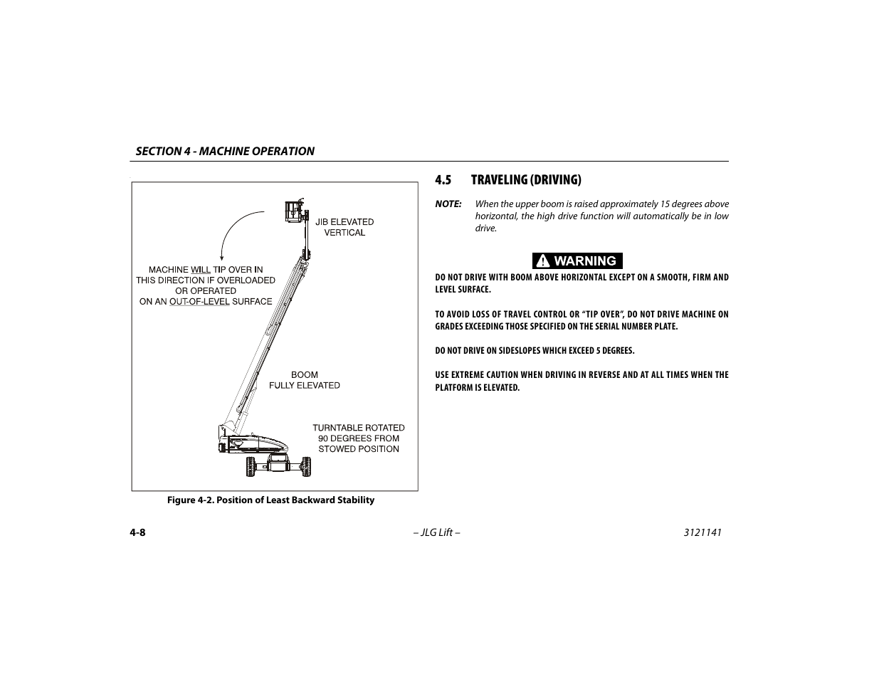 5 traveling (driving), Traveling (driving) -8, Position of least backward stability -8 | JLG 1200SJP Operator Manual User Manual | Page 68 / 128