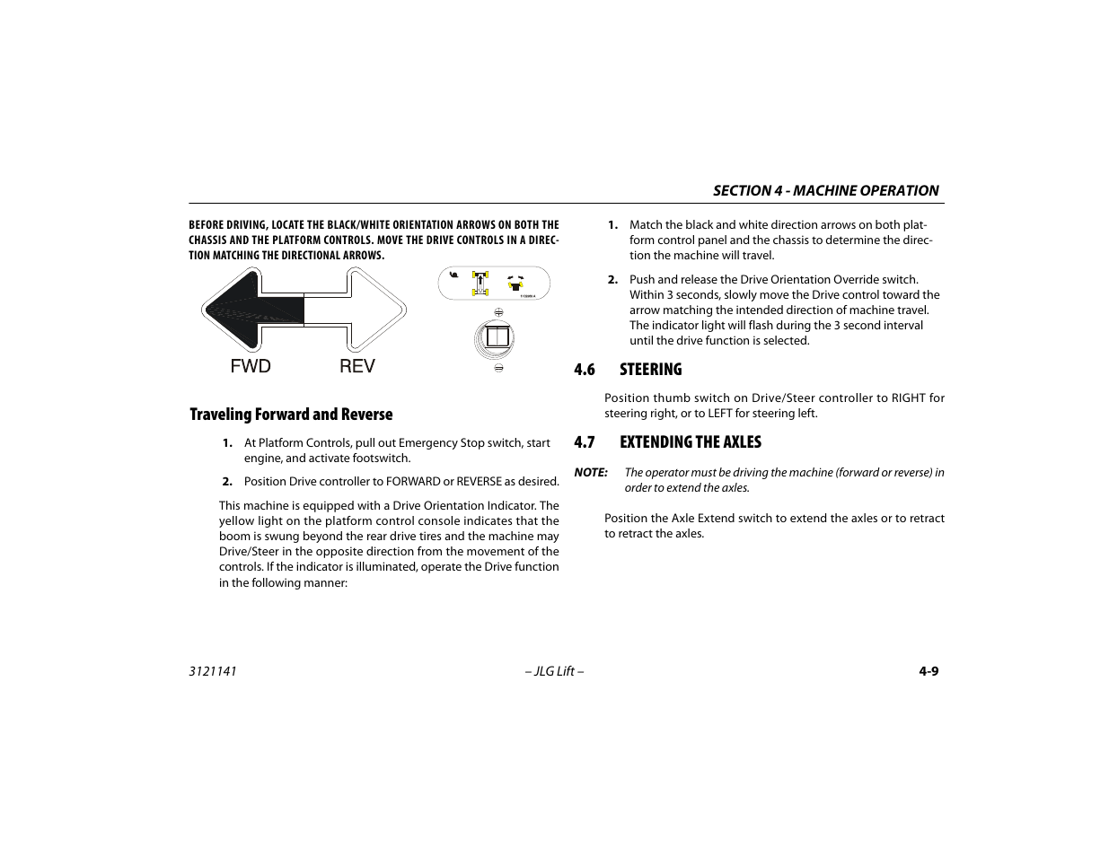 Traveling forward and reverse, 6 steering, 7 extending the axles | Traveling forward and reverse -9, Steering -9, Extending the axles -9 | JLG 1200SJP Operator Manual User Manual | Page 69 / 128