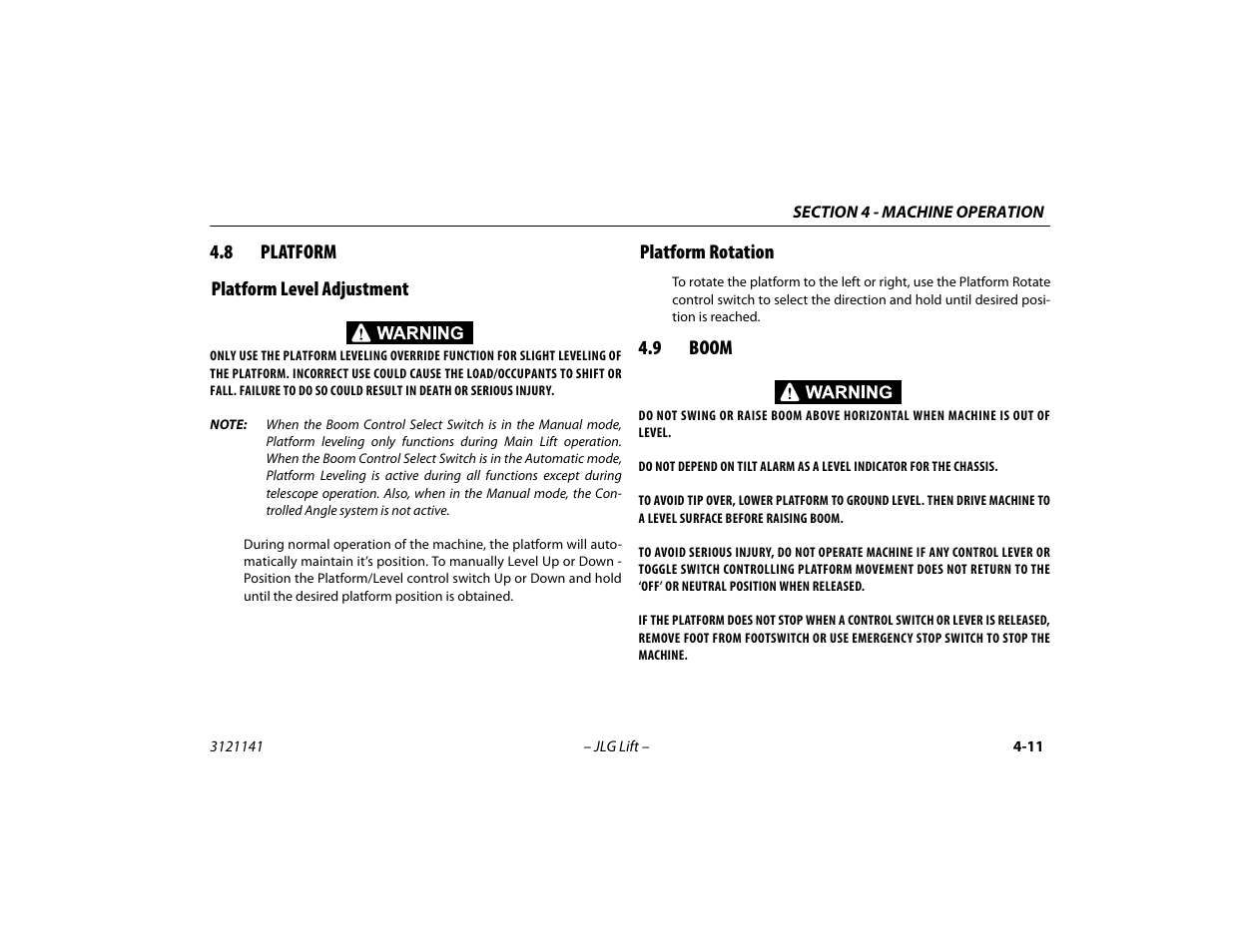 8 platform, Platform level adjustment, Platform rotation | 9 boom, Platform -11, Boom -11 | JLG 1200SJP Operator Manual User Manual | Page 71 / 128