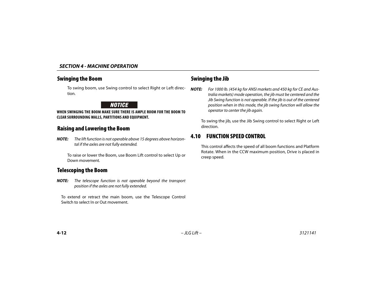 Swinging the boom, Raising and lowering the boom, Telescoping the boom | Swinging the jib, 10 function speed control, 10 function speed control -12 | JLG 1200SJP Operator Manual User Manual | Page 72 / 128
