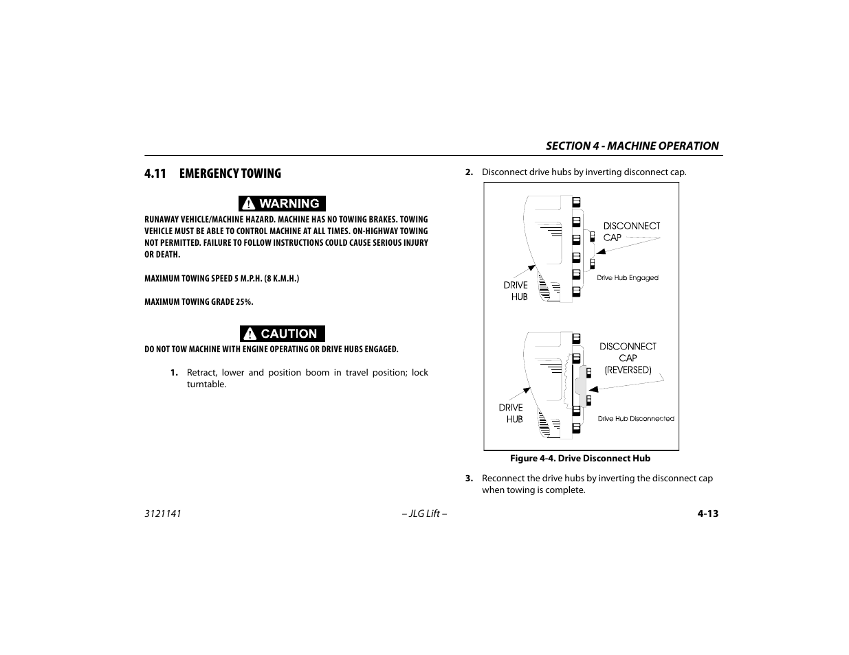 11 emergency towing, 11 emergency towing -13, Drive disconnect hub -13 | JLG 1200SJP Operator Manual User Manual | Page 73 / 128