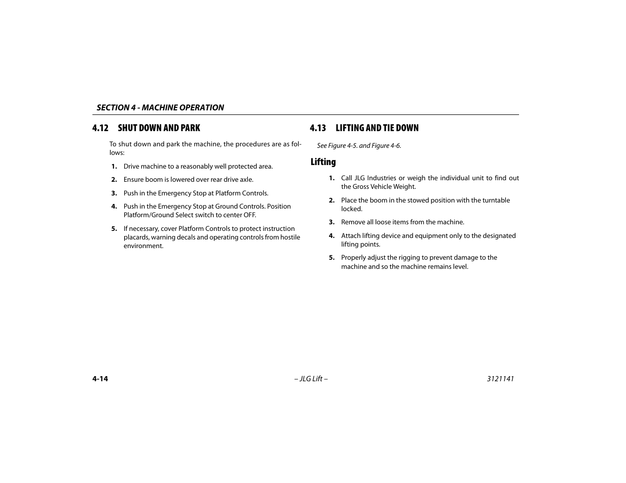 12 shut down and park, 13 lifting and tie down, Lifting | Lifting -14 | JLG 1200SJP Operator Manual User Manual | Page 74 / 128