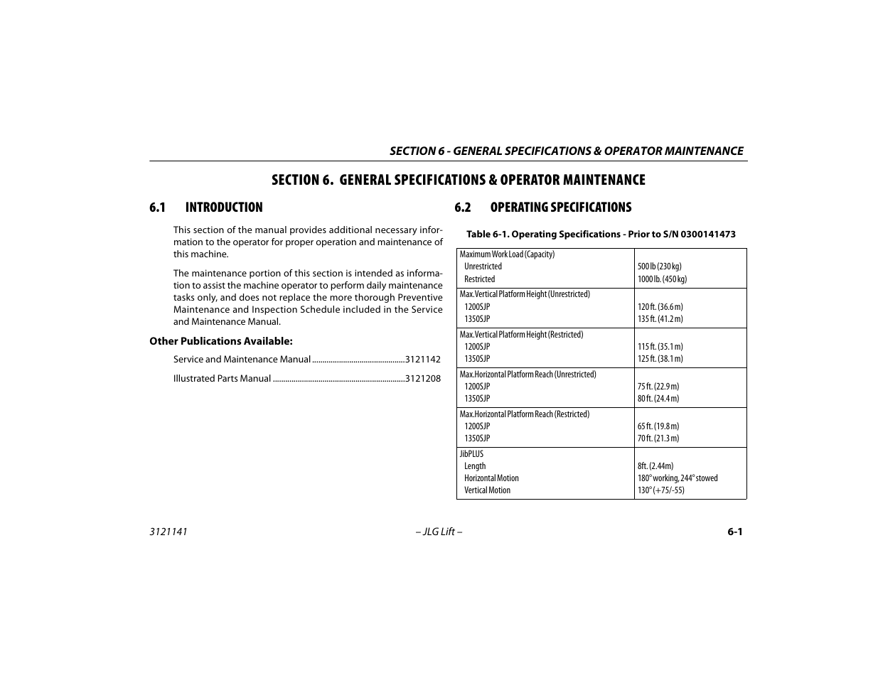 1 introduction, 2 operating specifications, Section - 6 - general specifications & operator | Maintenance, Introduction -1, Operating specifications -1 | JLG 1200SJP Operator Manual User Manual | Page 93 / 128