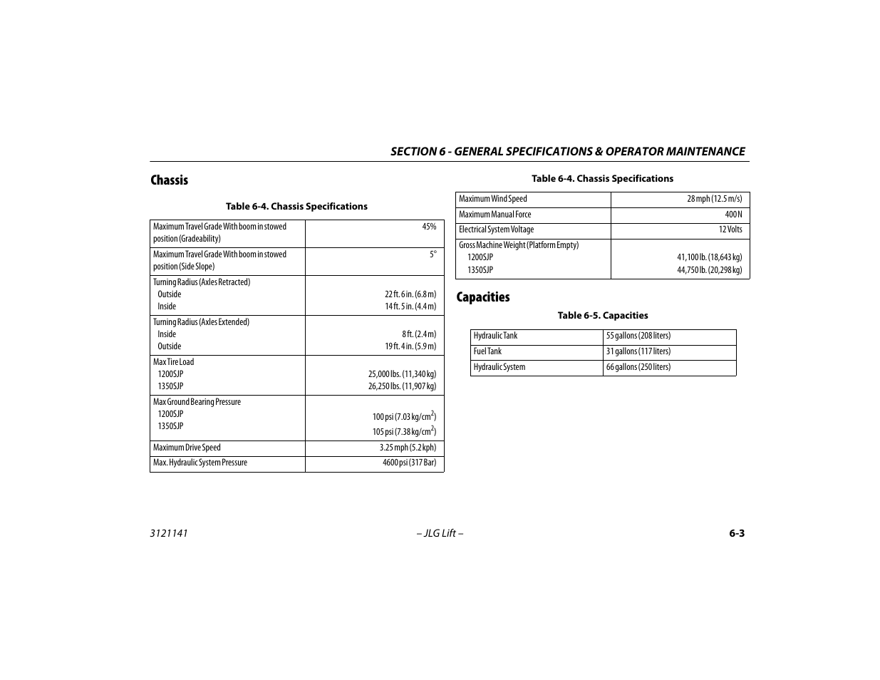 Chassis, Capacities, Chassis -3 capacities -3 | Chassis specifications -3, Capacities -3, Chassis capacities | JLG 1200SJP Operator Manual User Manual | Page 95 / 128