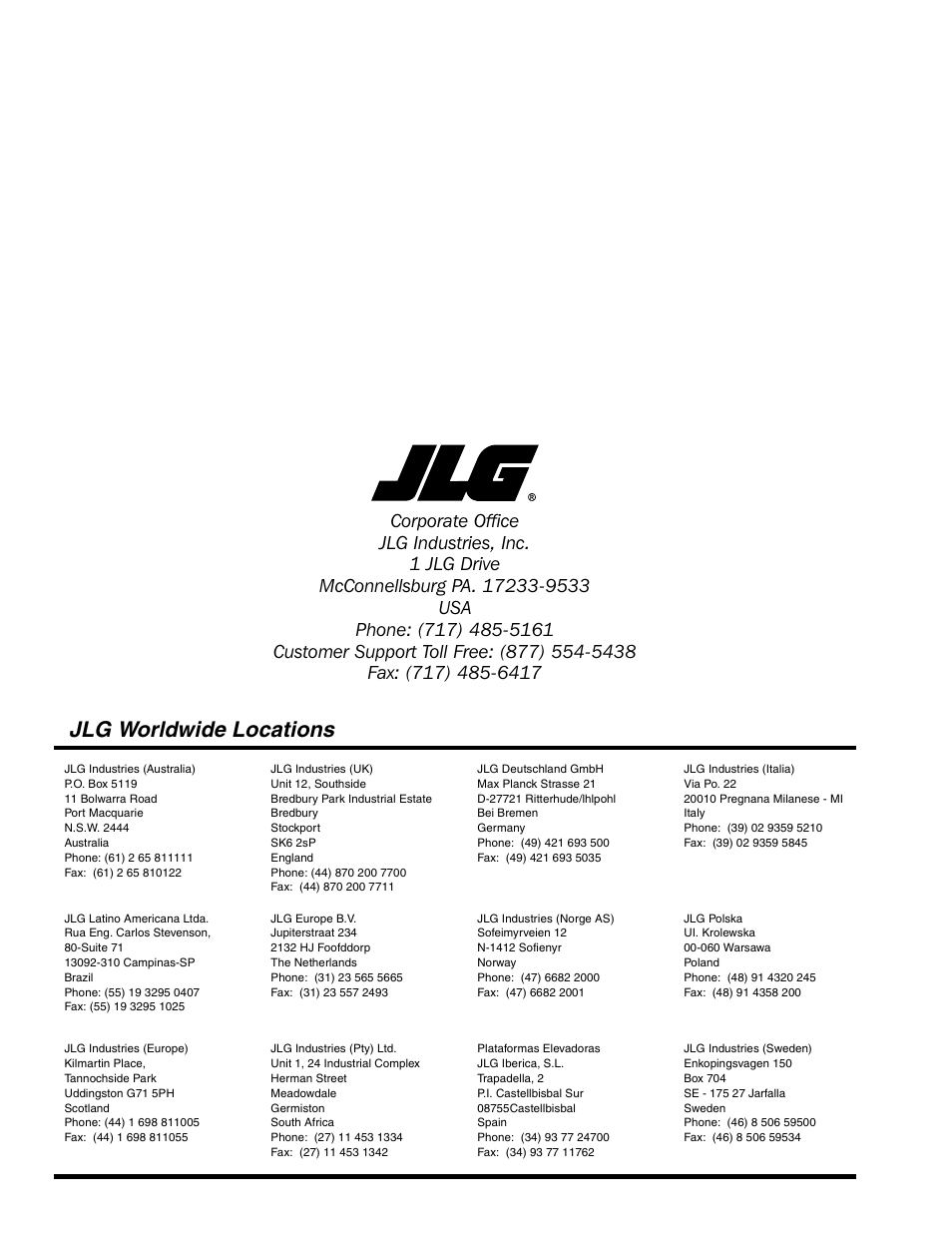 Jlg worldwide locations | JLG E45A_AJ Service Manual User Manual | Page 130 / 130