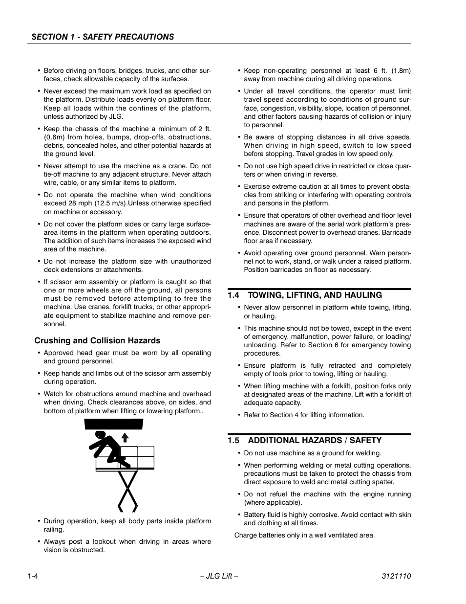 Crushing and collision hazards, 4 towing, lifting, and hauling, 5 additional hazards / safety | Towing, lifting, and hauling -4, Additional hazards / safety -4 | JLG 400CRT ANSI Operator Manual User Manual | Page 12 / 42