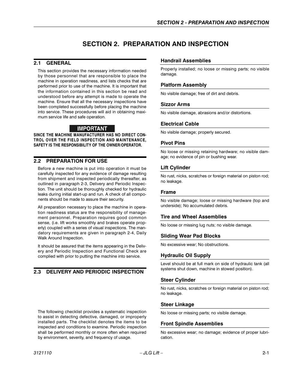 Section 2. preparation and inspection, 1 general, 2 preparation for use | 3 delivery and periodic inspection, Handrail assemblies, Platform assembly, Sizzor arms, Electrical cable, Pivot pins, Lift cylinder | JLG 400CRT ANSI Operator Manual User Manual | Page 13 / 42