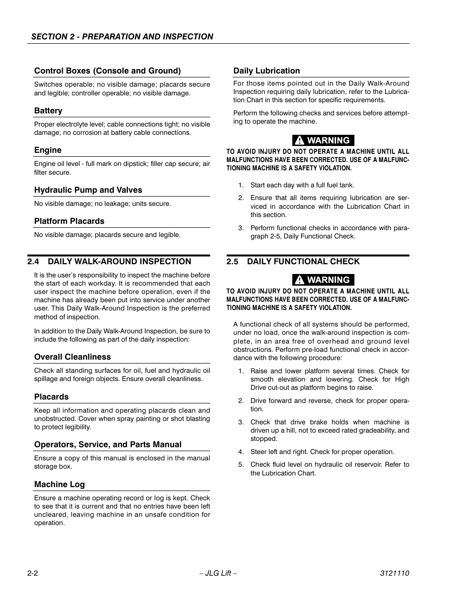 Control boxes (console and ground), Battery, Engine | Hydraulic pump and valves, Platform placards, 4 daily walk-around inspection, Overall cleanliness, Placards, Operators, service, and parts manual, Machine log | JLG 400CRT ANSI Operator Manual User Manual | Page 14 / 42