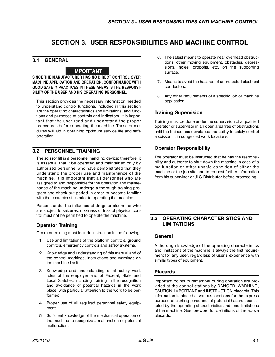 1 general, 2 personnel training, Operator training | Training supervision, Operator responsibility, 3 operating characteristics and limitations, General, Placards, General -1, Personnel training -1 | JLG 400CRT ANSI Operator Manual User Manual | Page 21 / 42