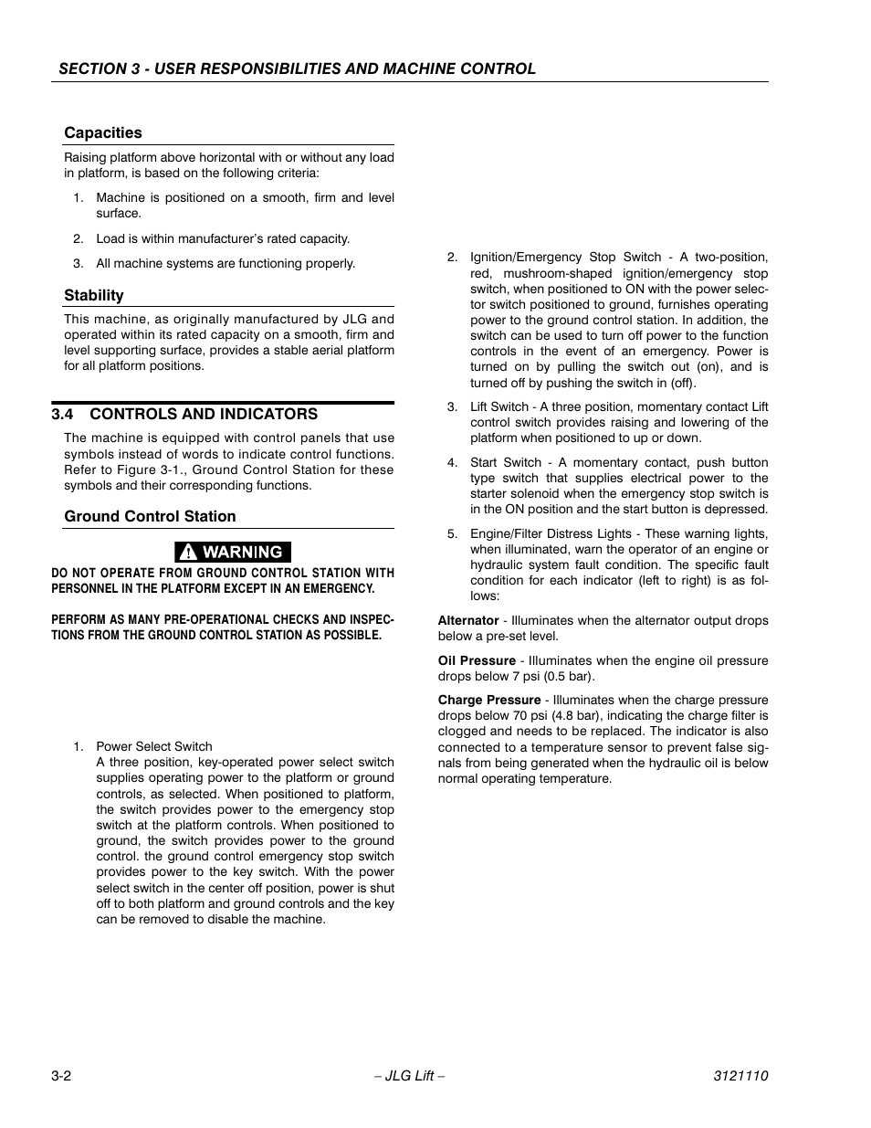 Capacities, Stability, 4 controls and indicators | Ground control station, Controls and indicators -2 | JLG 400CRT ANSI Operator Manual User Manual | Page 22 / 42