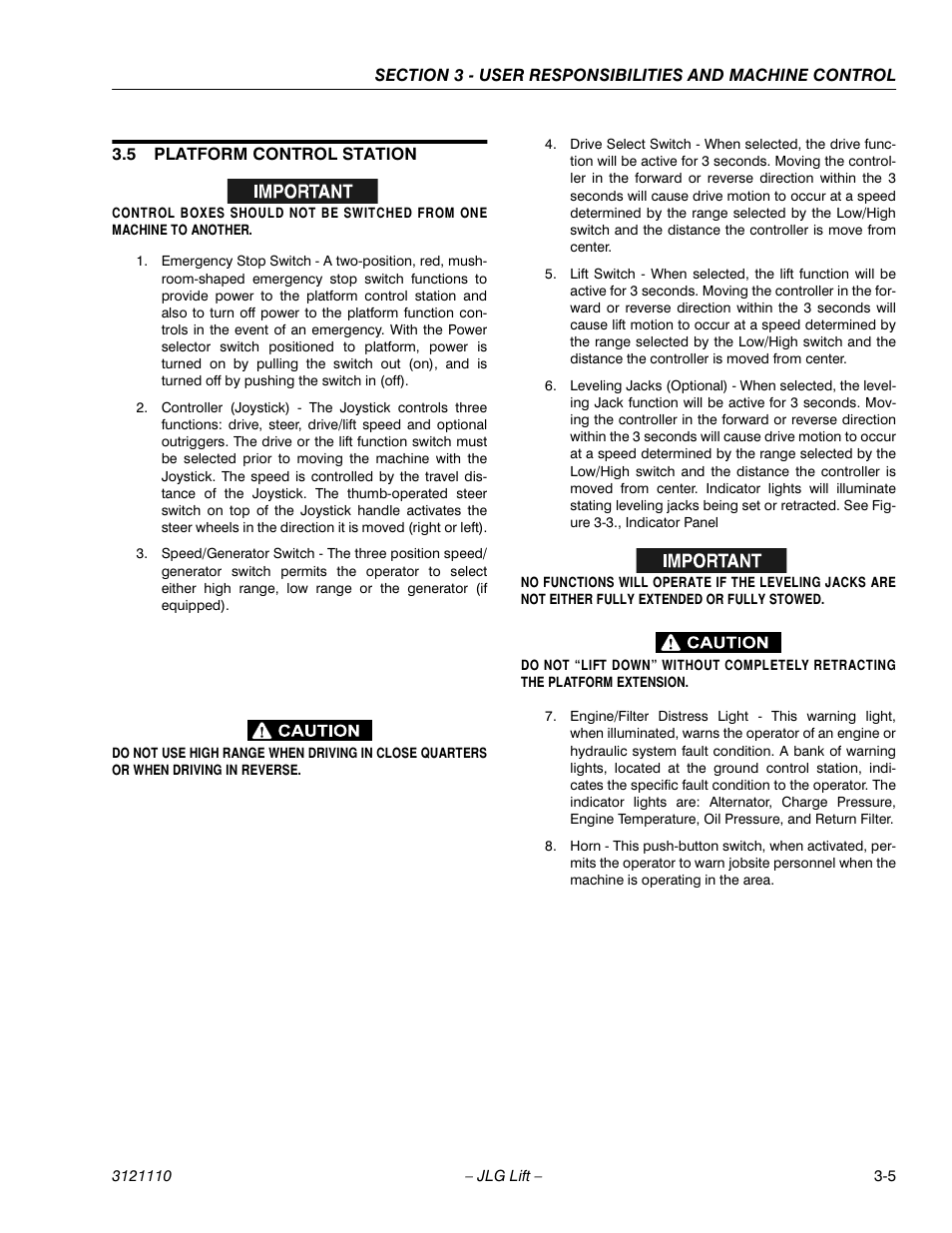 5 platform control station, Platform control station -5 | JLG 400CRT ANSI Operator Manual User Manual | Page 25 / 42