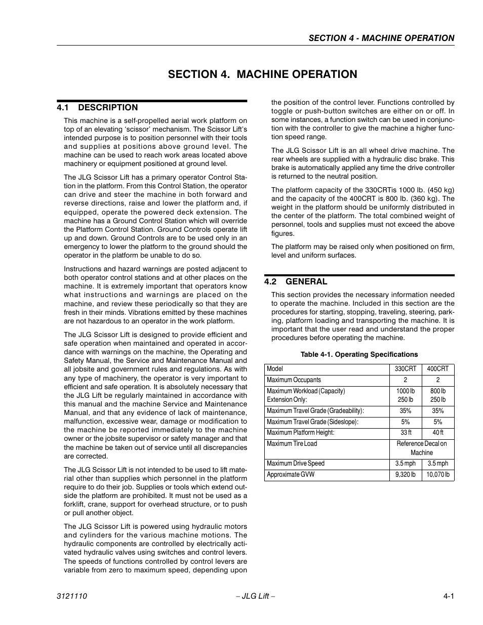Section 4. machine operation, 1 description, 2 general | Section 4 - machine operation, Description -1, General -1, Operating specifications -1 | JLG 400CRT ANSI Operator Manual User Manual | Page 31 / 42