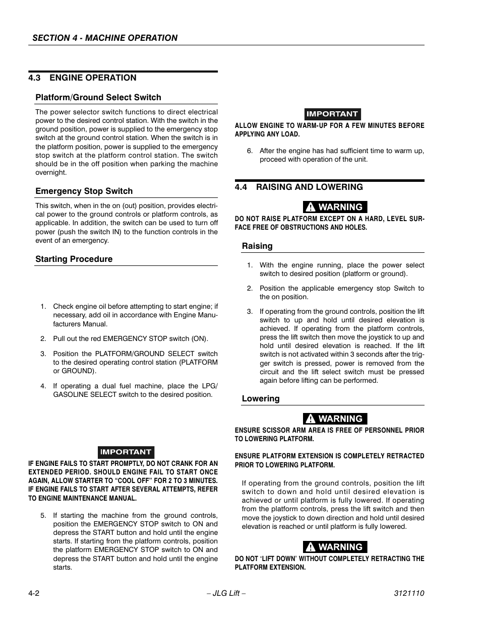 3 engine operation, Platform/ground select switch, Emergency stop switch | Starting procedure, 4 raising and lowering, Raising, Lowering, Engine operation -2, Raising and lowering -2 | JLG 400CRT ANSI Operator Manual User Manual | Page 32 / 42