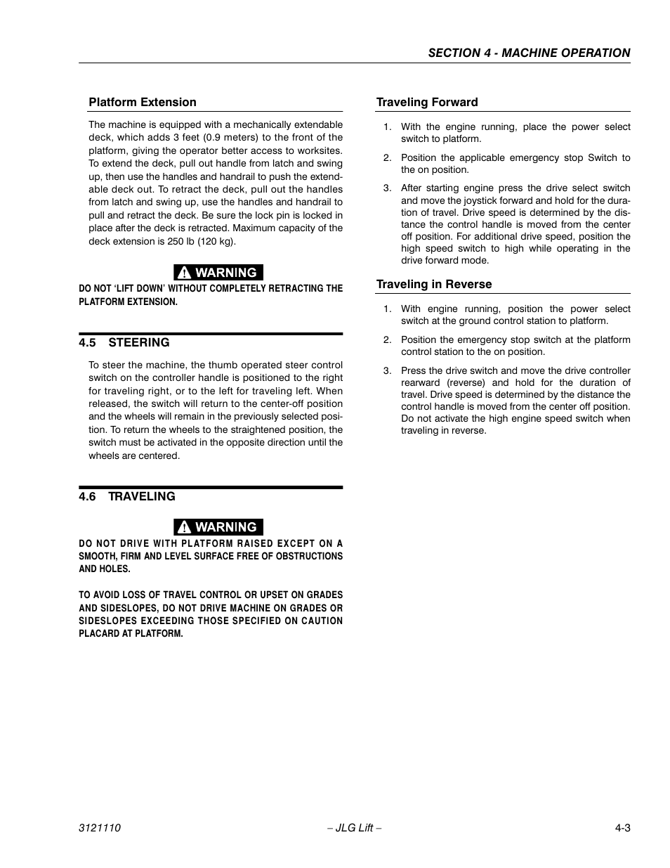 Platform extension, 5 steering, 6 traveling | Traveling forward, Traveling in reverse, Steering -3, Traveling -3 | JLG 400CRT ANSI Operator Manual User Manual | Page 33 / 42